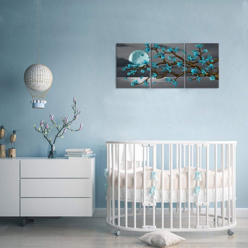 Visual Art Decor Turquoise Flowers Wall Art Teal Magnolia Full Moon Sea Seascape Canvas Prints, Framed Art, Turquoise Bedroom Living Room Home Office Decoration 3 Pieces - Image 4